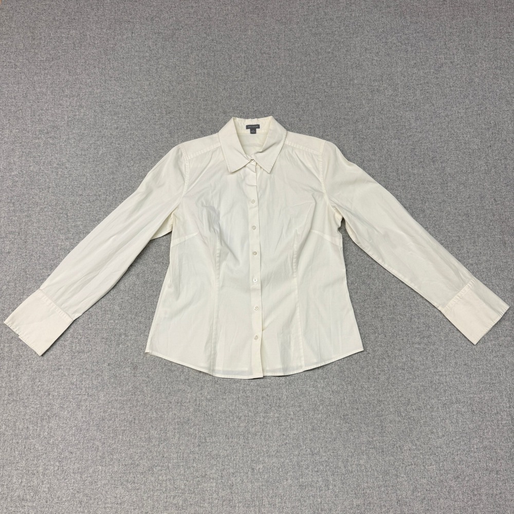 Ann Taylor Button Down Shirt Size 10 Cream Long Sleeve Stretch Cotton Office
